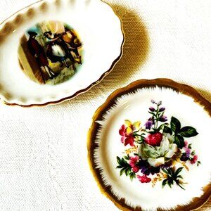 Miniature Porcelain Plates Vintage EME Gold Floral Courting Couple 1950s
